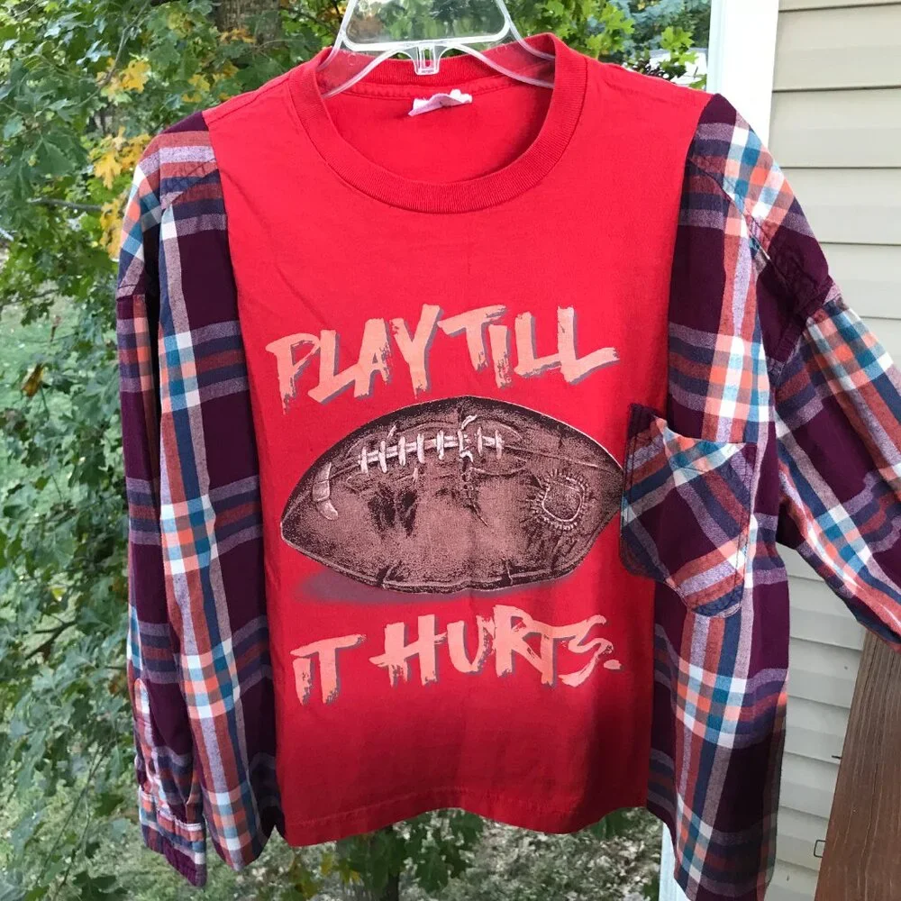 Upcycled Flannel Shirt, Oversized Football Graphic T-Shirt Pullover, Sz M - L - Picture 10 of 11